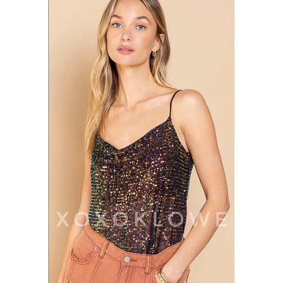 POL Bronze Iridescent Sequin Spaghetti Strap Cami Top - Picture 4 of 13